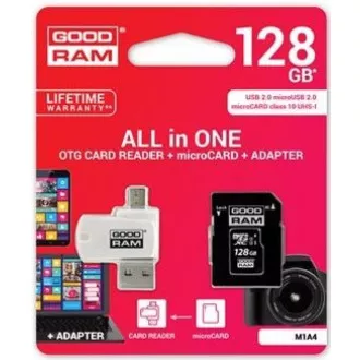 GOODRAM microSDXC-Karte 128 GB M1A4 All-in-One (R: 100 / W: 10 MB / s), UHS-I Class 10, U1 + Adapter + OTG-Kartenleser