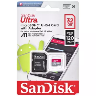 SanDisk MicroSDXC 32GB Ultra Karte (120 MB/s, A1 Klasse 10 UHS-I, Android) + Adapter