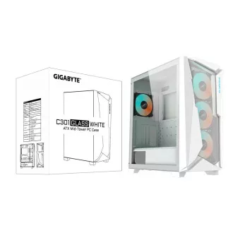 GIGABYTE Gehäuse GB-C301GW, ARGB Hub, transparente Seitenwand, Mid-Tower, 4x ARGB Lüfter, weiß