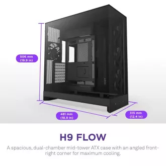 NZXT Gehäuse H9 Flow Zweikammer ATX / 4x140mm Lüfter / bis zu 10xLüfter / perforierter Deckel / Glas. Seitenteile, Front / schwarz