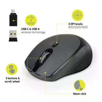 PORT Funkmaus SILENT, USB-A/USB-C Dongle, 2, 4Ghz, 1600DPI, schwarz