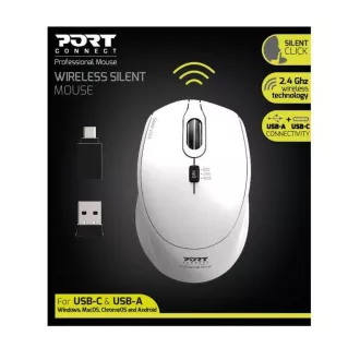 PORT Funkmaus SILENT, USB-A/USB-C Dongle, 2, 4Ghz, 1600DPI, weiß