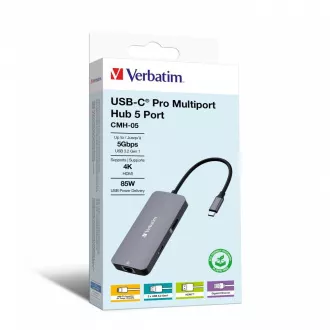 VERBATIM Hub USB-C Pro Multiport 5 Port, 2x USB 3.2, 1x USB-C, HDMI, RJ45, grau VERBATIM Hub USB-C Pro Multiport 5 Port, 2x USB 3.2, 1x USB-C, HDMI, RJ45, grau