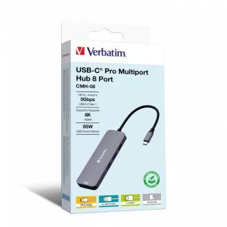 VERBATIM Hub USB-C Pro Multiport 8 Port, 3x USB 3.2, 1x USB-C, 2xHDMI, microSD/SD, grau VERBATIM Hub USB-C Pro Multiport 8 Port, 3x USB 3.2, 1x USB-C, 2xHDMI, microSD/SD, grau