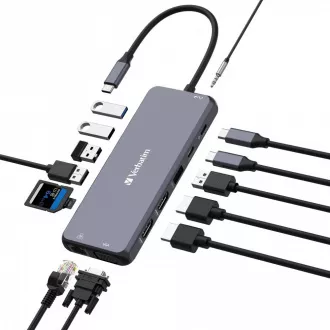 VERBATIM Hub USB-C Pro Multiport 14 Port, 5x USB-A, 2x USB-C, 2x HDMI, 1xVGA, RJ45, 3.5mm Klinke Audio, microSD/SD, grau VERBATIM Hub USB-C Pro Multiport 14 Port, 5x USB-A, 2x USB-C, 2x HDMI, 1xVGA, RJ45, 3.5mm Klinke Audio, microSD/SD, grau