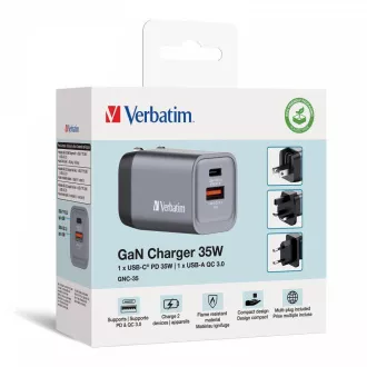 VERBATIM GaN-Netzladegerät GNC-35, 35W, 1x USB-C, 1x USB VERBATIM GaN-Netzladegerät GNC-35, 35W, 1x USB-C, 1x USB