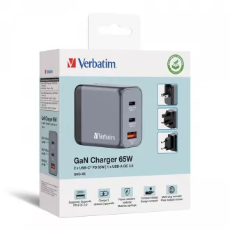 VERBATIM GaN-Netzladegerät GNC-65, 65W, 2x USB-C, 1x USB VERBATIM GaN-Netzladegerät GNC-65, 65W, 2x USB-C, 1x USB