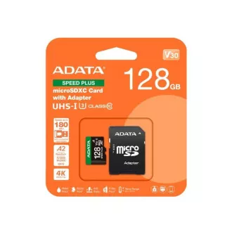 ADATA MicroSDXC-Karte 128GB Speed Plus, U3, C10, A2, V30 (R:180/W:160 MB/s)   SD-Adapter