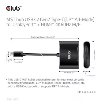 Club3D Hub MST (Multi Stream Transport) USB3.2 Gen2 Typ-C (DP Alt-Mode) zu DisplayPort HDMI 4K60Hz (M/F) Club3D Hub MST (Multi Stream Transport) USB3.2 Gen2 Typ-C (DP Alt-Mode) zu DisplayPort HDMI 4K60Hz (M/F)