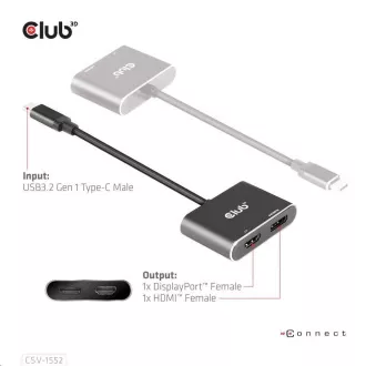 Club3D Hub MST (Multi Stream Transport) USB3.2 Gen2 Typ-C (DP Alt-Mode) zu DisplayPort HDMI 4K60Hz (M/F) Club3D Hub MST (Multi Stream Transport) USB3.2 Gen2 Typ-C (DP Alt-Mode) zu DisplayPort HDMI 4K60Hz (M/F)