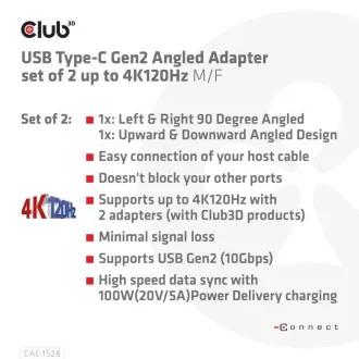 Club3D USB-C Gen2 abgewinkelter Adapter 2er-Set, 4K120Hz, 240W, (M/F) Club3D USB-C Gen2 abgewinkelter Adapter 2er-Set, 4K120Hz, 240W, (M/F)