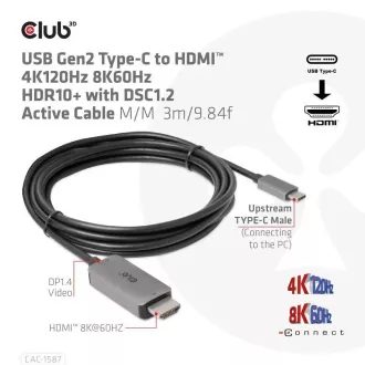 Club3D USB-C zu HDMI Kabel, 4K120Hz 8K60Hz HDR10 mit DSC1.2, Aktives Kabel, M/M, 3m Club3D USB-C zu HDMI Kabel, 4K120Hz 8K60Hz HDR10 mit DSC1.2, Aktives Kabel, M/M, 3m