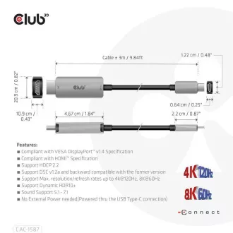 Club3D USB-C zu HDMI Kabel, 4K120Hz 8K60Hz HDR10 mit DSC1.2, Aktives Kabel, M/M, 3m Club3D USB-C zu HDMI Kabel, 4K120Hz 8K60Hz HDR10 mit DSC1.2, Aktives Kabel, M/M, 3m