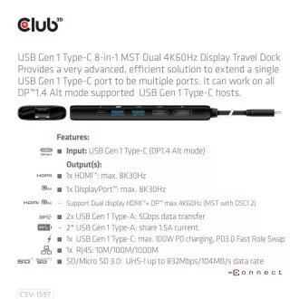 Club 3D Docking Station USB-C 8v1, 1xDP, 1xHDMI, 1xUSB-C PD100W, 2xUSB, SD-Kartenleser, grau Club 3D Docking Station USB-C 8v1, 1xDP, 1xHDMI, 1xUSB-C PD100W, 2xUSB, SD-Kartenleser, grau