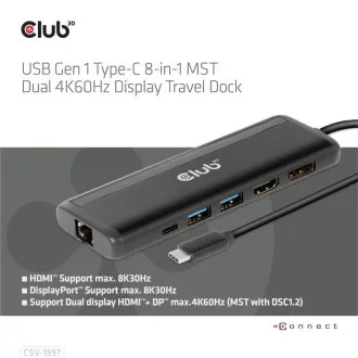 Club 3D Docking Station USB-C 8v1, 1xDP, 1xHDMI, 1xUSB-C PD100W, 2xUSB, SD-Kartenleser, grau