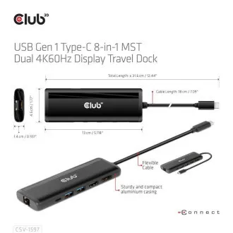 Club 3D Docking Station USB-C 8v1, 1xDP, 1xHDMI, 1xUSB-C PD100W, 2xUSB, SD-Kartenleser, grau