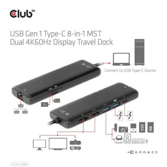 Club 3D Docking Station USB-C 8v1, 1xDP, 1xHDMI, 1xUSB-C PD100W, 2xUSB, SD-Kartenleser, grau