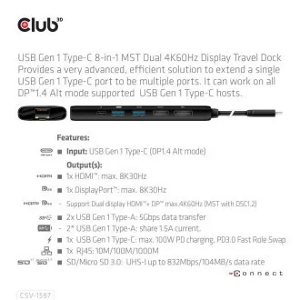 Club 3D Docking Station USB-C 8v1, 1xDP, 1xHDMI, 1xUSB-C PD100W, 2xUSB, SD-Kartenleser, grau