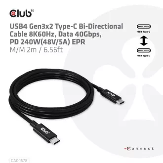 Club3D Kabel USB4 Gen3x2 Typ-C Reversible Kabel 8K60Hz, Daten 40 Gbps, PD 240W(48V/5A) EPR M/M 2m Club3D Kabel USB4 Gen3x2 Typ-C Reversible Kabel 8K60Hz, Daten 40 Gbps, PD 240W(48V/5A) EPR M/M 2m