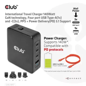 Club3D Reiseladegerät 140W GaN Technologie, 3xUSB-C, 1xUSB-A, PPS PD 3.1 Unterstützung Club3D Reiseladegerät 140W GaN Technologie, 3xUSB-C, 1xUSB-A, PPS PD 3.1 Unterstützung