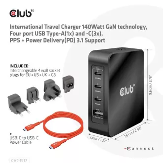Club3D Reiseladegerät 140W GaN Technologie, 3xUSB-C, 1xUSB-A, PPS PD 3.1 Unterstützung Club3D Reiseladegerät 140W GaN Technologie, 3xUSB-C, 1xUSB-A, PPS PD 3.1 Unterstützung