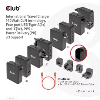 Club3D Reiseladegerät 140W GaN Technologie, 3xUSB-C, 1xUSB-A, PPS PD 3.1 Unterstützung Club3D Reiseladegerät 140W GaN Technologie, 3xUSB-C, 1xUSB-A, PPS PD 3.1 Unterstützung