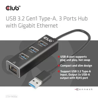 Club3D Hub, USB-A 3.2 Gen1 zu 3x USB 3.1, Gigabit Ethernet