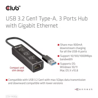 Club3D Hub, USB-A 3.2 Gen1 zu 3x USB 3.1, Gigabit Ethernet