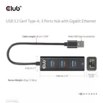 Club3D Hub, USB-A 3.2 Gen1 zu 3x USB 3.1, Gigabit Ethernet