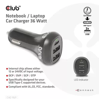 Club3D Autoladegerät für Laptops 36W, 3 Anschlüsse (2xUSB-A USB-C) Club3D Autoladegerät für Laptops 36W, 3 Anschlüsse (2xUSB-A USB-C)