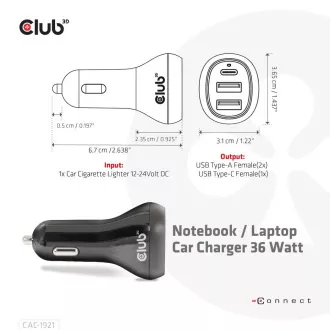 Club3D Autoladegerät für Laptops 36W, 3 Anschlüsse (2xUSB-A USB-C) Club3D Autoladegerät für Laptops 36W, 3 Anschlüsse (2xUSB-A USB-C)
