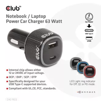 Club3D Autoladegerät für Laptops 63W, 2 Anschlüsse (USB-A USB-C) Club3D Autoladegerät für Laptops 63W, 2 Anschlüsse (USB-A USB-C)