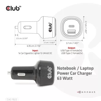 Club3D Autoladegerät für Laptops 63W, 2 Anschlüsse (USB-A USB-C) Club3D Autoladegerät für Laptops 63W, 2 Anschlüsse (USB-A USB-C)