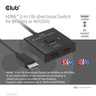 Club3D Umschalter, HDMI auf 2xHDMI Umkehrbar 2in1, 8K60Hz, 4K120Hz