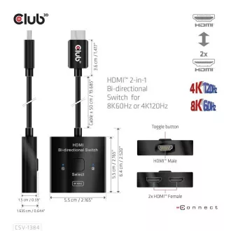 Club3D Umschalter, HDMI auf 2xHDMI Umkehrbar 2in1, 8K60Hz, 4K120Hz