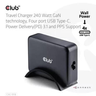 Club3D Travel Charger 240W GaN Technologie, 4xUSB-C, PPS PD 3.1 Unterstützung Club3D Travel Charger 240W GaN Technologie, 4xUSB-C, PPS PD 3.1 Unterstützung
