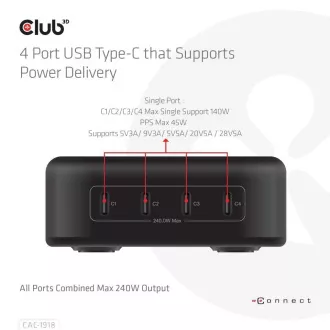 Club3D Travel Charger 240W GaN Technologie, 4xUSB-C, PPS PD 3.1 Unterstützung Club3D Travel Charger 240W GaN Technologie, 4xUSB-C, PPS PD 3.1 Unterstützung