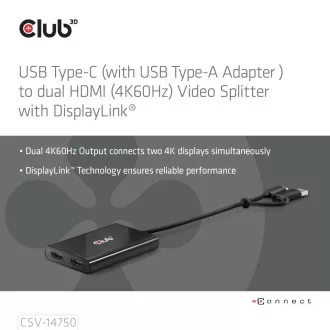 Club3D Video Hub USB-C/A zu 2xHDMI 2.0, Dual Monitor, 4K60Hz (M/F)