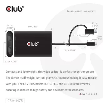 Club3D Video Hub USB-C/A zu 2xHDMI 2.0, Dual Monitor, 4K60Hz (M/F)