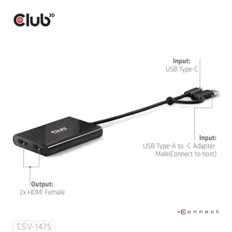 Club3D Video Hub USB-C/A zu 2xHDMI 2.0, Dual Monitor, 4K60Hz (M/F)