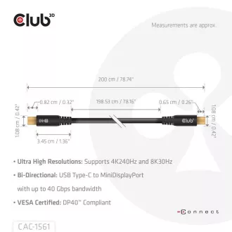 Club3D Kabel USB-C zu MiniDisplayPort 2.1, 8K30Hz, DSC1.2, UHBR10, 2m Club3D Kabel USB-C zu MiniDisplayPort 2.1, 8K30Hz, DSC1.2, UHBR10, 2m