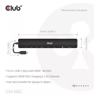 Club3D USB-C 10in1 Docking Station, 140W PD, 1xHDMI, 3xUSB-C, 3xUSB, 1xRJ45, schwarz Club3D USB-C 10in1 Docking Station, 140W PD, 1xHDMI, 3xUSB-C, 3xUSB, 1xRJ45, schwarz