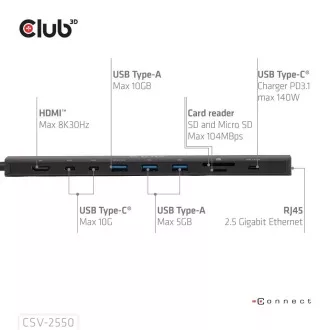 Club3D USB-C 10in1 Docking Station, 140W PD, 1xHDMI, 3xUSB-C, 3xUSB, 1xRJ45, schwarz Club3D USB-C 10in1 Docking Station, 140W PD, 1xHDMI, 3xUSB-C, 3xUSB, 1xRJ45, schwarz