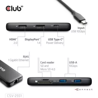 Club3D Dockingstation USB-C 8v1, 1xHDMI, 1xDP, 1xUSB-C, 2xUSB, 1xRJ45, schwarz Club3D Dockingstation USB-C 8v1, 1xHDMI, 1xDP, 1xUSB-C, 2xUSB, 1xRJ45, schwarz