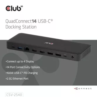 Club3D Dockingstation USB-C 14v1, 2xHDMI, 2xDP, 3xUSB-C, 1xUSB-C PD, 2xUSB, 1xRJ45, 1x3,5mm, microSD/SD, schwarz Club3D Dockingstation USB-C 14v1, 2xHDMI, 2xDP, 3xUSB-C, 1xUSB-C PD, 2xUSB, 1xRJ45, 1x3,5mm, microSD/SD, schwarz