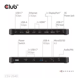 Club3D Dockingstation USB-C 14v1, 2xHDMI, 2xDP, 3xUSB-C, 1xUSB-C PD, 2xUSB, 1xRJ45, 1x3,5mm, microSD/SD, schwarz Club3D Dockingstation USB-C 14v1, 2xHDMI, 2xDP, 3xUSB-C, 1xUSB-C PD, 2xUSB, 1xRJ45, 1x3,5mm, microSD/SD, schwarz