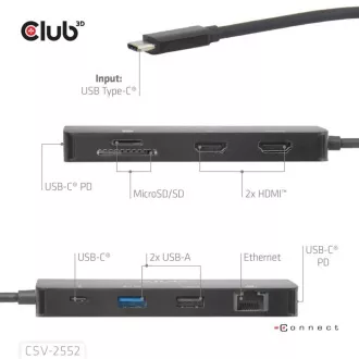 Club3D Dockingstation USB-C 9v1, 2xHDMI, 1xUSB-C, 1xUSB-C PD, 2xUSB, 1xRJ45, microSD/SD, schwarz Club3D Dockingstation USB-C 9v1, 2xHDMI, 1xUSB-C, 1xUSB-C PD, 2xUSB, 1xRJ45, microSD/SD, schwarz