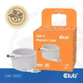 Club3D Magnetisches USB-C Kabel, 240W PD3.1, 480 Mbps, 2m, weiß
