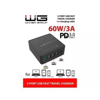 WG - Netzwerk-Ladegerät 5x USB 60W, 1x USB-A QC 3.0 3x USB-A Smart IC 1x USB-C PD, schwarz WG - Netzwerk-Ladegerät 5x USB 60W, 1x USB-A QC 3.0 3x USB-A Smart IC 1x USB-C PD, schwarz