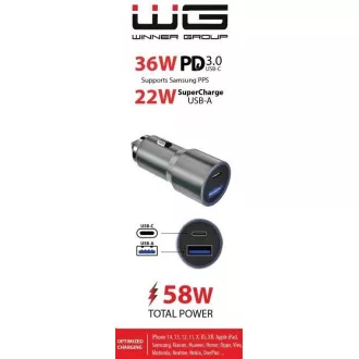 WG - Autoladegerät 2x USB 58, 5W, 1x USB-C PD 36W   1x USB-A 22,5W, silber